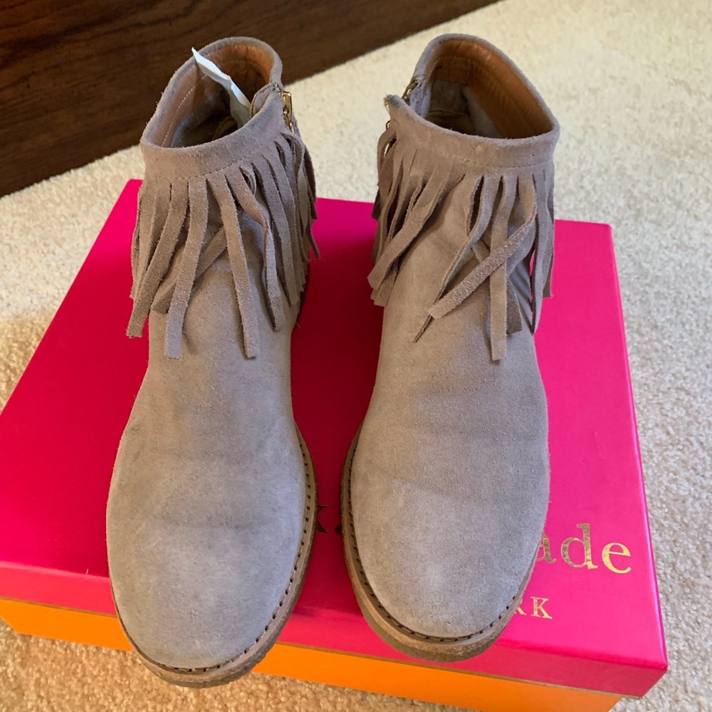 Kate Spade Grey suede fringe booties